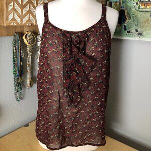 Vintage CAROLE LITTLE Camisole Women's size 8 Burgundy Red & Gold Floral Ruffle